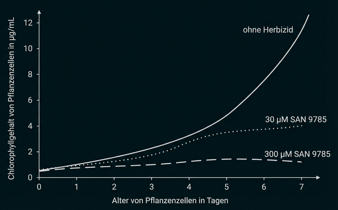 Liniendiagramm: Chlorophyllgehalt von Pflanzenzellen über 7 Tage für ohne Herbizid, 30 µM SAN 9785 und 300 µM SAN 9785.